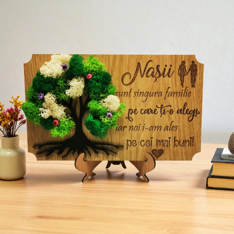 Tablou cu licheni personalizat pentru nași – Mesaj gravat pe lemn