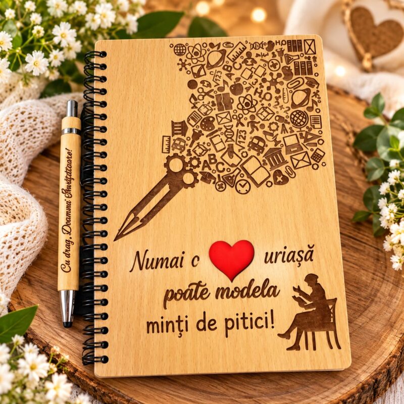 Set agenda si pix din lemn personalizate pentru invatatoare, A5