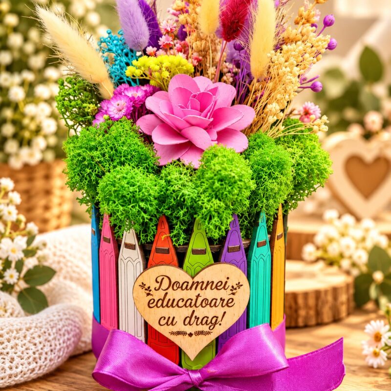 Aranjament floral personalizat pentru educatoare - flori si licheni naturali stabilizati