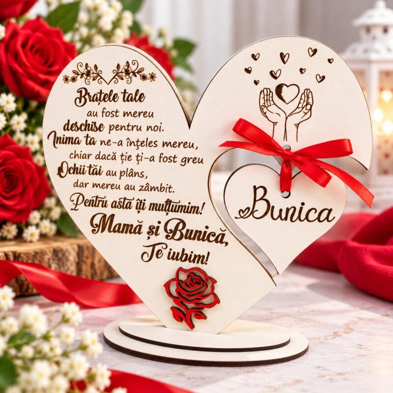 Decoratiune pentru Mama si Bunica, inima cu mesaj personalizat, Lemn - Decupaj si gravura laser, 20 cm
