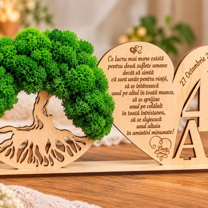 Cadou aniversare casnicie, inima gravata – pomul vietii decorat cu licheni stabilizati, 40 ani
