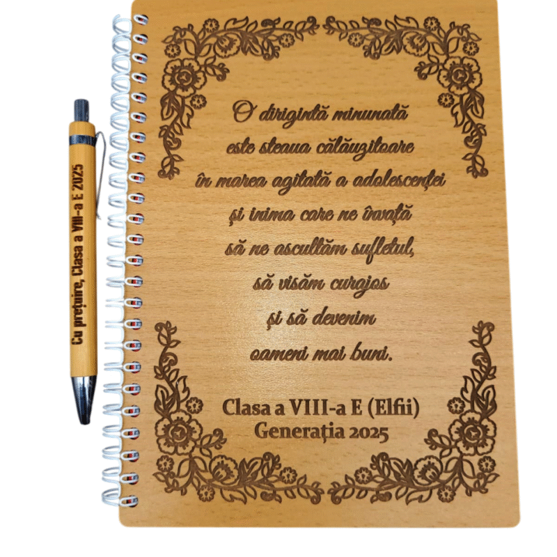 Agenda din lemn personalizata pentru diriginta, cadou absolvire, set agenda si pix