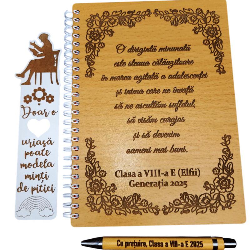 Agenda din lemn personalizata pentru diriginta, cadou absolvire, set agenda, pix  si semn de carte
