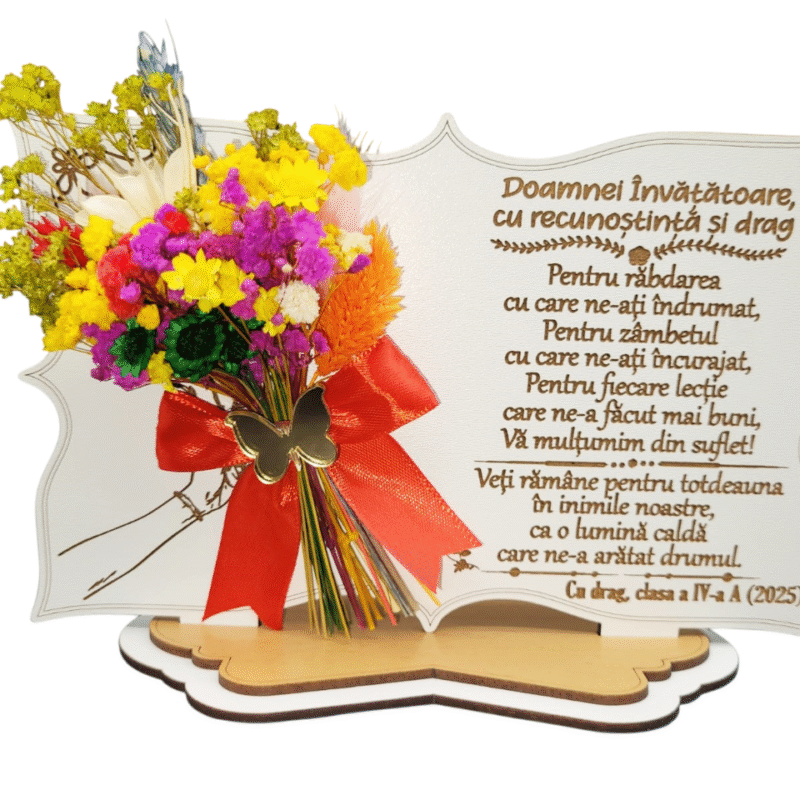 Tablou cu flori naturale stabilizate, cadou personalizat cu mesaj pentru invatatoare, 20x14 cm, Lemn, Model Alb