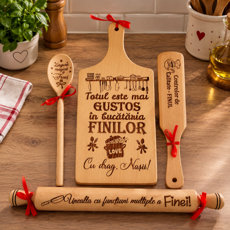 Set bucatarie cadou personalizat Fini, gravura laser, Lemn