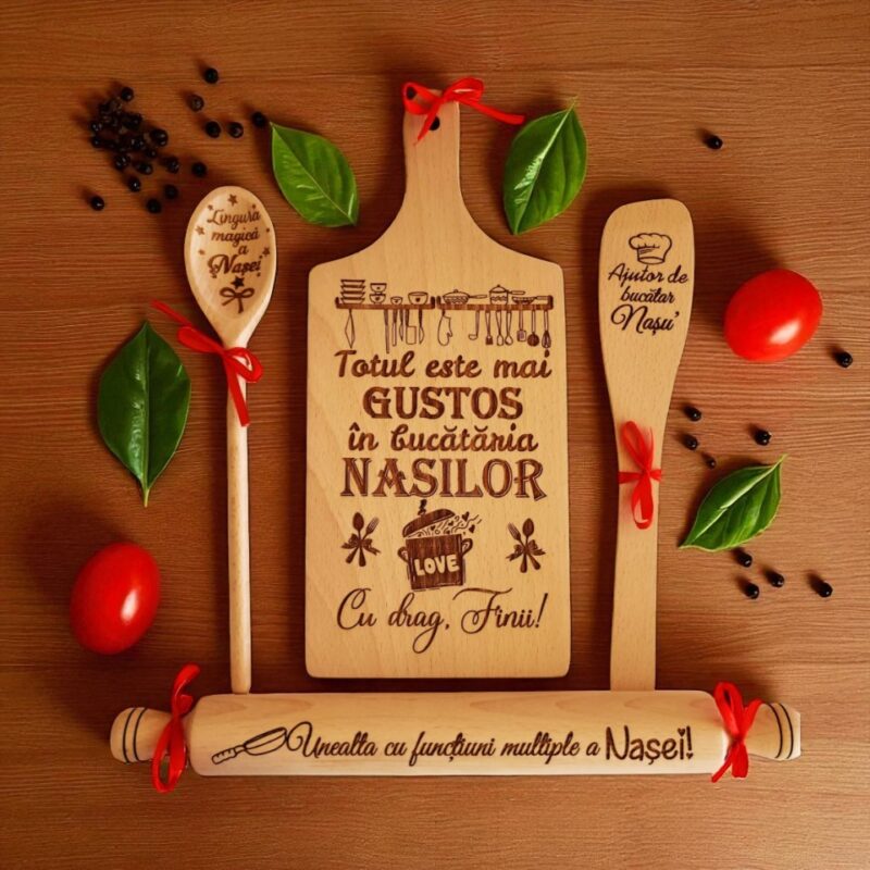 Set bucatarie cadou personalizat Nasi, gravura laser, Lemn