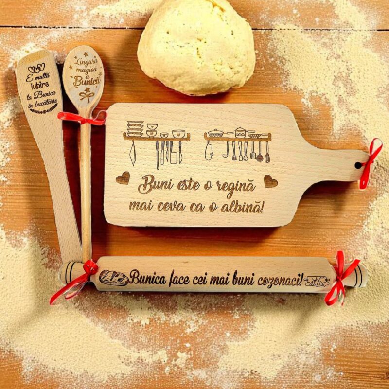 Set bucatarie cadou personalizat pentru Bunica, gravura laser, Lemn