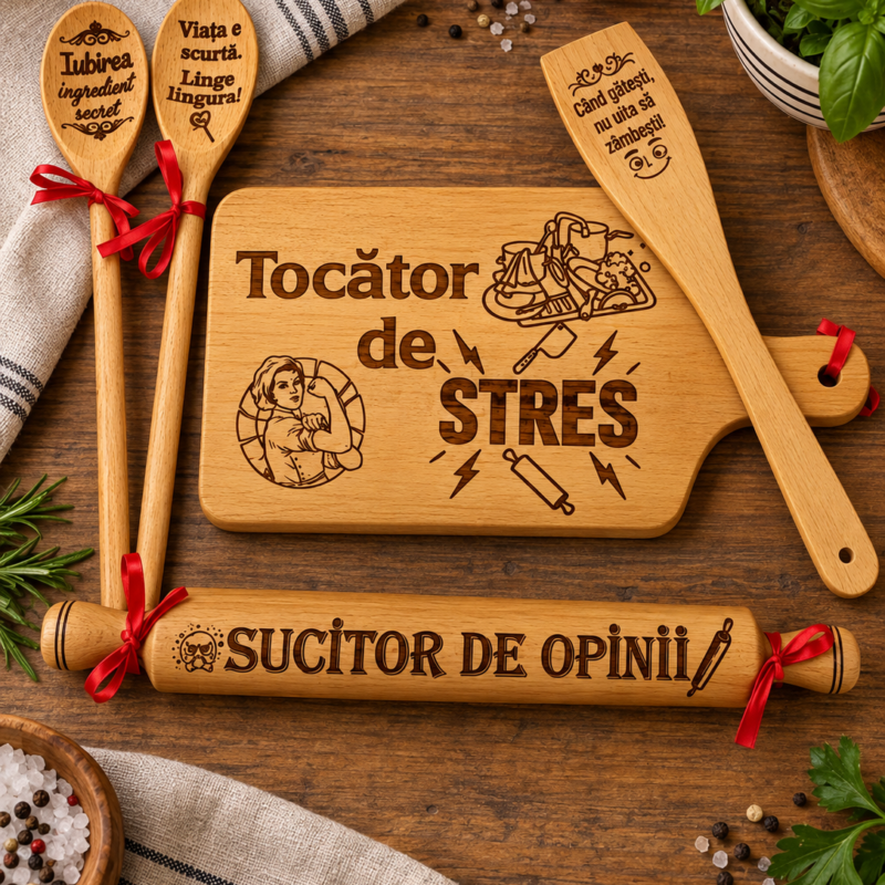 Set cadou amuzant pentru bucătărie, din lemn gravat, mesaje haioase, cadou pentru femei, familie si prieteni - Tocator de Stres