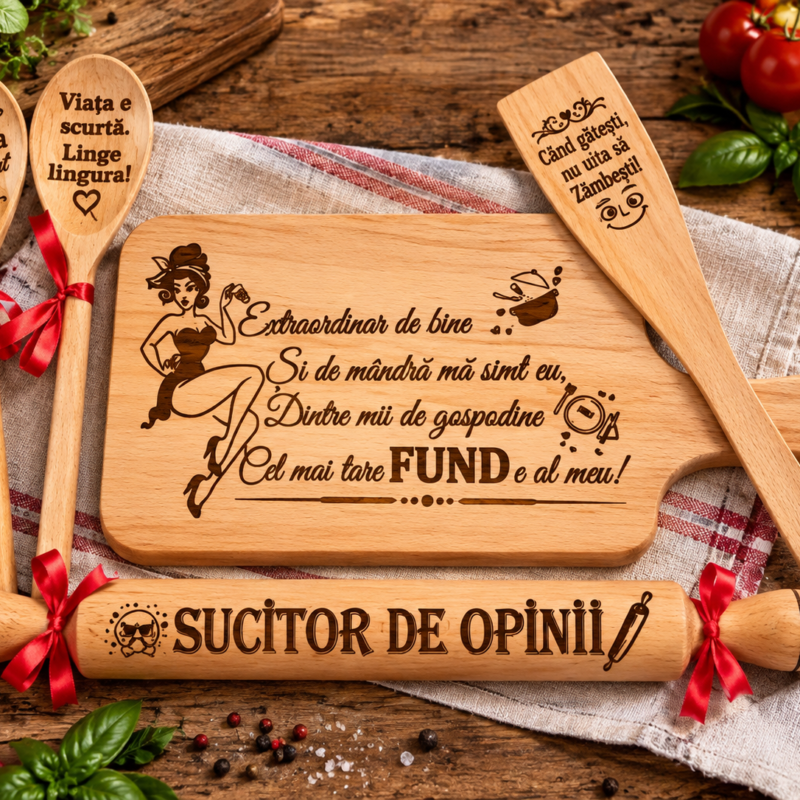 Set cadou amuzant pentru bucătărie, din lemn gravat, mesaje haioase, cadou pentru femei, familie si prieteni - Gospodina