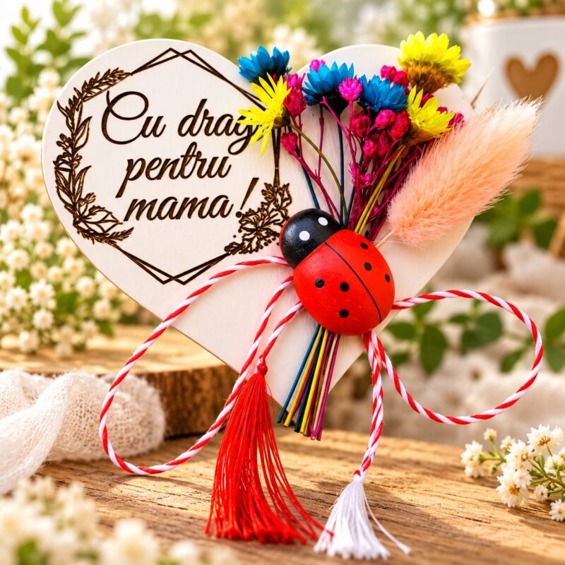 Martisor pentru mama - inima cu flori naturale uscate, lemn gravat