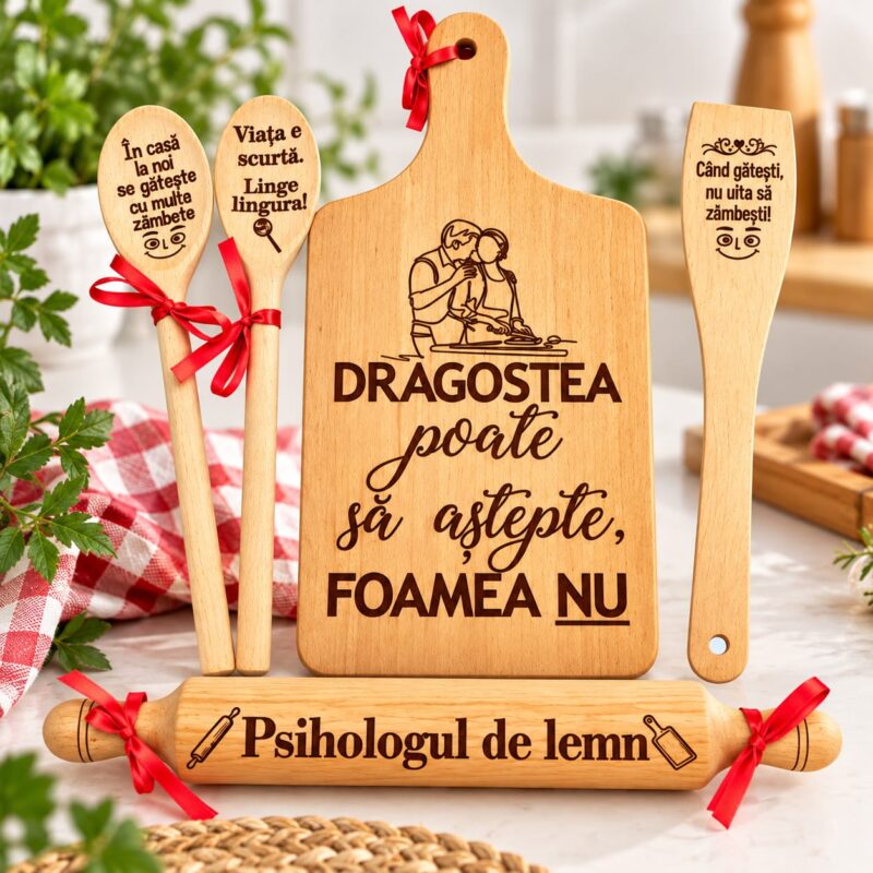 Set cadou amuzant pentru bucatarie, din lemn gravat, mesaje haioase, cadou pentru femei, familie si prieteni – Psihologul de lemn